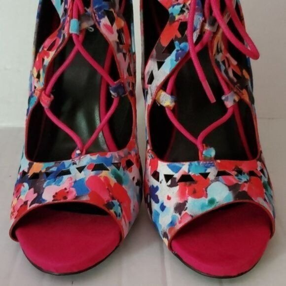 STILETTO HEELS PUMPS SHOES Pink Floral Peep Toe Lace Up Qupid Women's WOMAN'S 10 - Picture 2 of 16